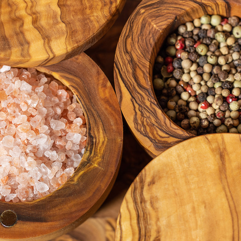 Olivenholz Salz- & Gewürzdose "Salt & Pepper" mit Magnetverschluss